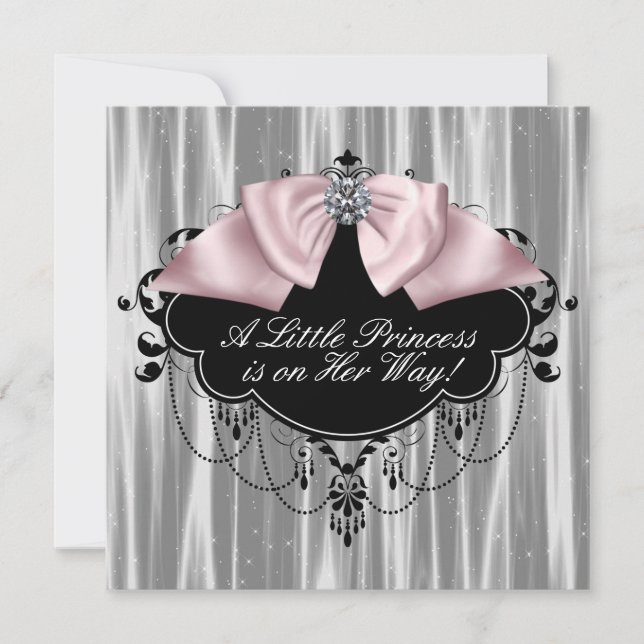 Invitación Ducha de Bebé Niña Princesa Rosa Negro (Anverso)