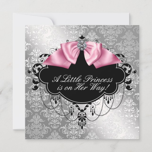 Invitación Ducha de Bebé Niña Princesa Rosa Negro Plateado (Anverso)