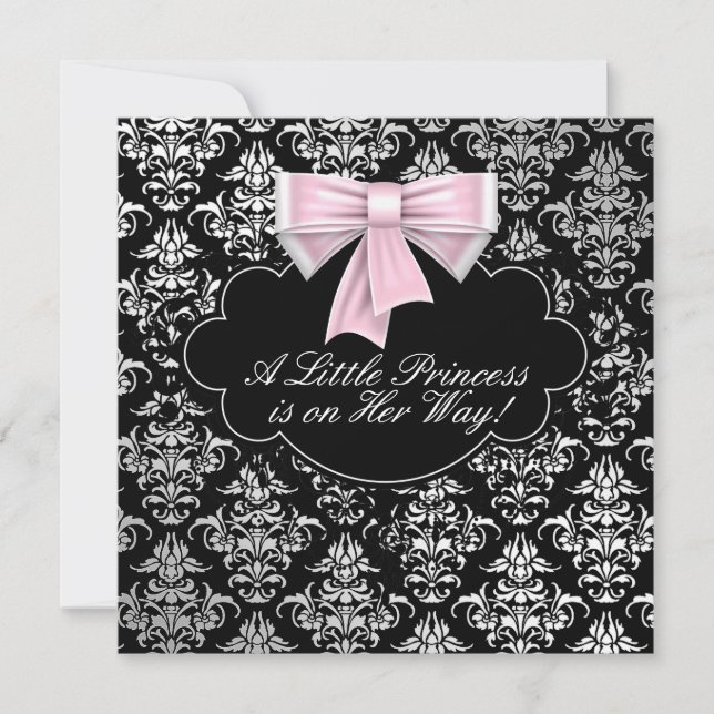 Invitación Ducha de Bebé Niña Princesa Rosa Negro Plateado (Anverso)