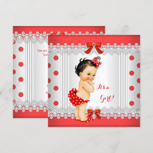 Invitación Ducha de bebé niña puntos rojos y blancos morena