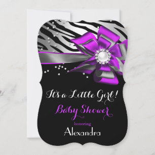 Invitación Ducha de bebé niña púrpura rosa cebra negro plata 