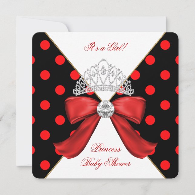 Invitación Ducha de Bebé Niña Roja Negra Princesa Lunares (Anverso)