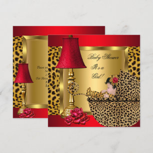 Invitación Ducha de Bebé Niña Rojo Oro Rosas Leopardo Cocheci