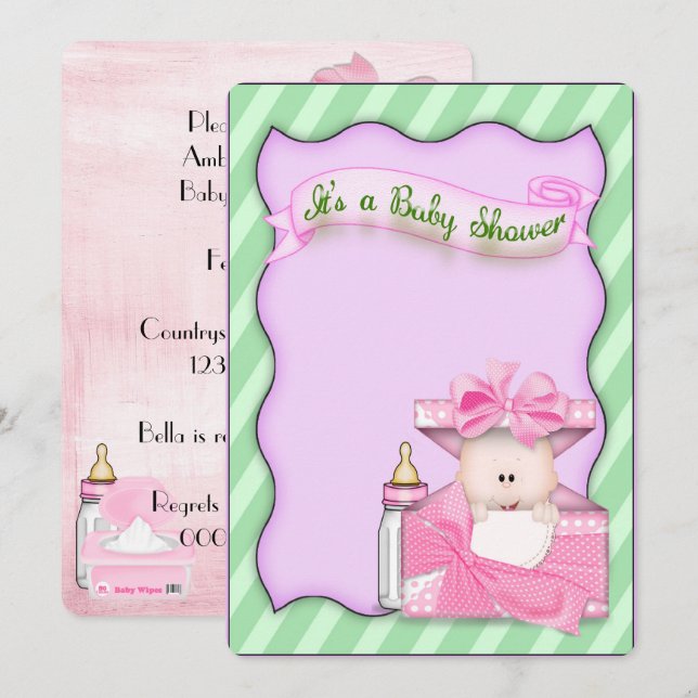 Invitación Ducha de bebé niña rosa (Anverso / Reverso)