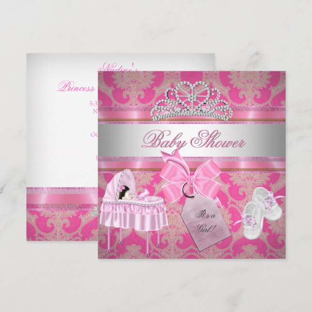 Invitación Ducha de Bebé Niña Rosa Blanca Princesa (Anverso / Reverso)
