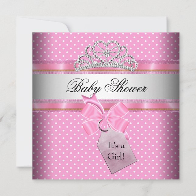Invitación Ducha de Bebé Niña Rosa Blanco Lunares Princesa (Anverso)