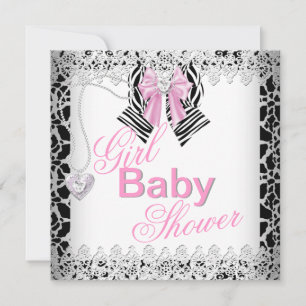 Invitación Ducha de Bebé Niña Rosa Cebra Encaje