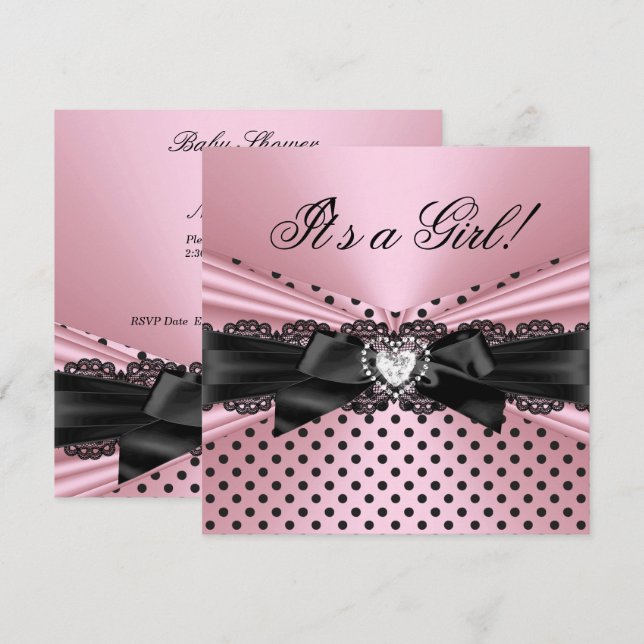 Invitación Ducha de Bebé Niña Rosa Encaje Puntos (Anverso / Reverso)