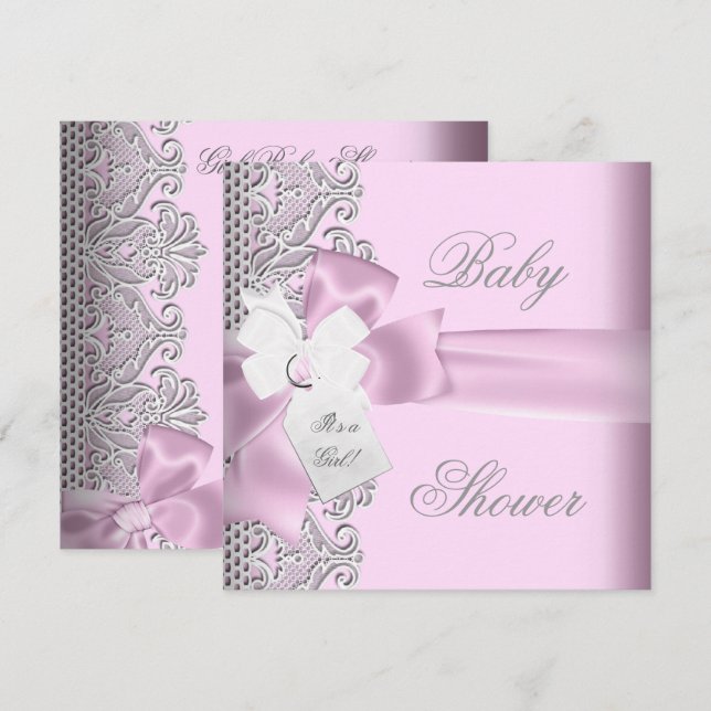 Invitación Ducha de Bebé Niña Rosa Gris Blanco Encaje (Anverso / Reverso)