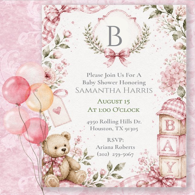 Invitación Ducha de bebé niña rosa Monograma (Subido por el creador)