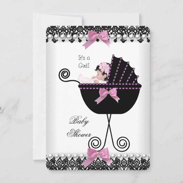 Invitación Ducha de Bebé Niña Rosa Negro Blanco Encaje (Anverso)
