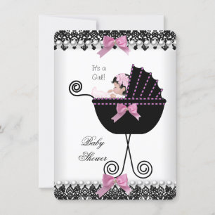Invitación Ducha de Bebé Niña Rosa Negro Blanco Encaje