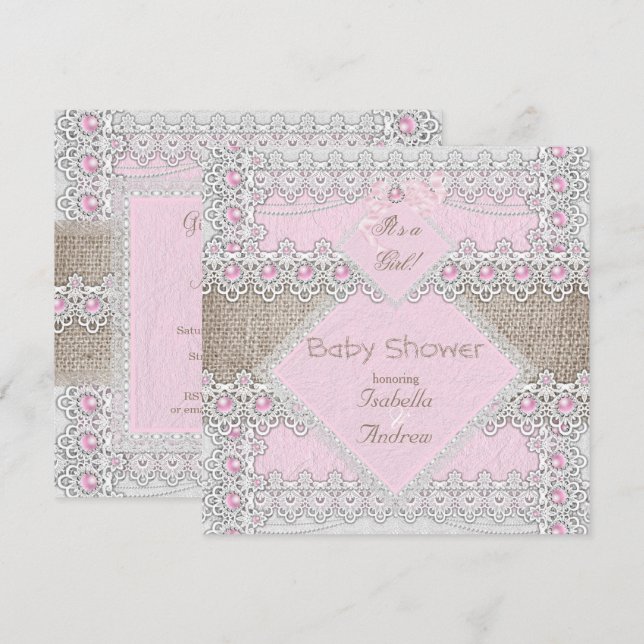 Invitación Ducha de bebé niña rosa perla lazo encaje arpiller (Anverso / Reverso)