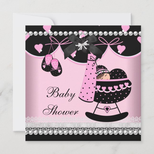 Invitación Ducha de Bebé Niña Rosa Perla Negra Encaje (Anverso)