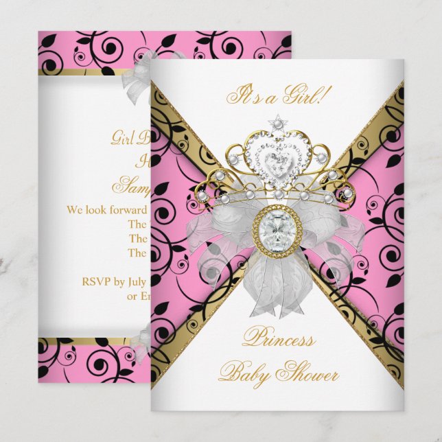 Invitación Ducha de Bebé Niña Rosa Princesa Damask Negro (Anverso / Reverso)