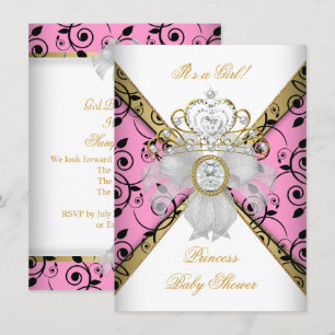 Invitación Ducha de Bebé Niña Rosa Princesa Damask Negro
