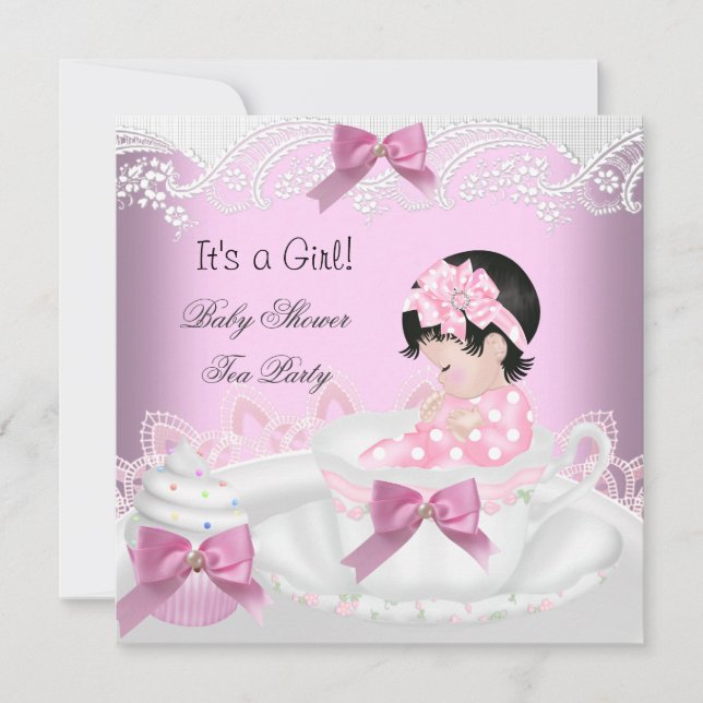 Invitación Ducha de Bebé Niña Rosa Taza de té Cupcake 2 (Anverso)