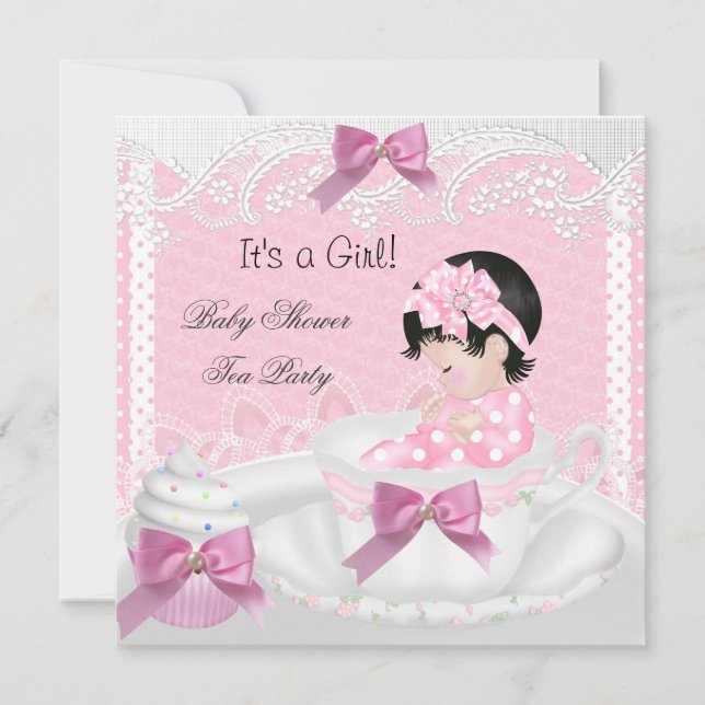 Invitación Ducha de Bebé Niña Rosa Taza de té Cupcake 34 (Anverso)