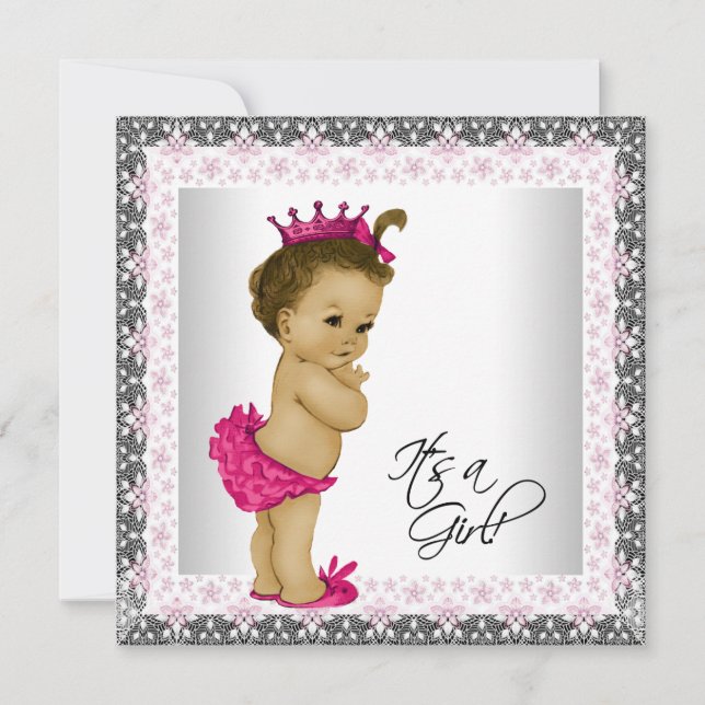 Invitación Ducha de bebé niña rosa y gris (Anverso)
