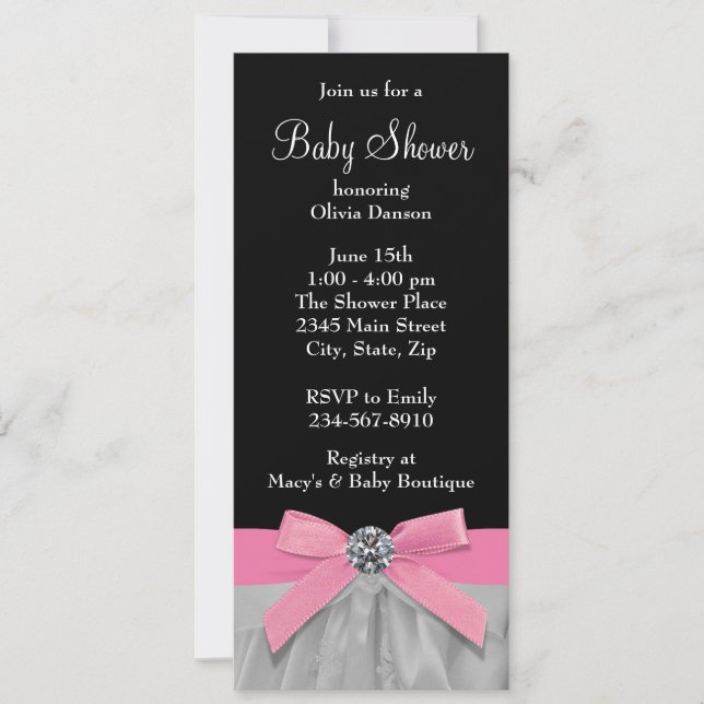 Invitación Ducha de Bebé Niña Rosa y Negro (Anverso)