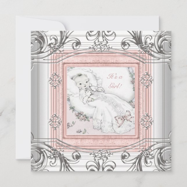 Invitación Ducha de bebé niña rosa y plata (Anverso)