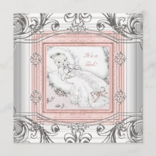Invitación Ducha de bebé niña rosa y plata
