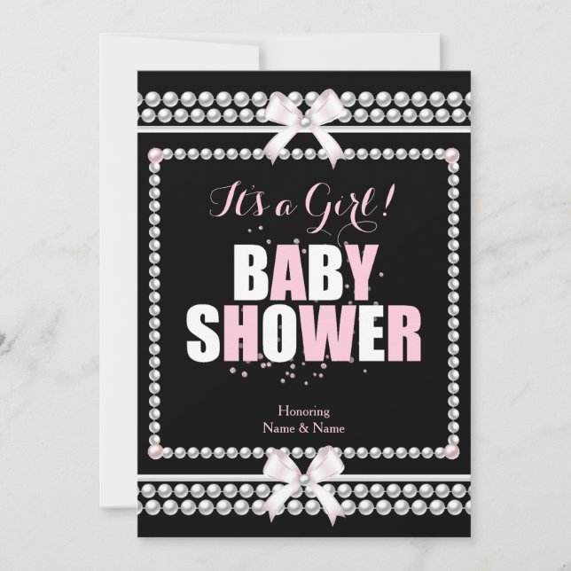 Invitación Ducha de Bebé Niña Rosado Perlas Negras (Anverso)