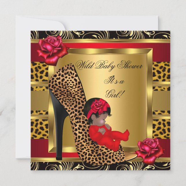 Invitación Ducha de Bebé Niña Rosas Rojas Doradas Leopardo Sa (Anverso)