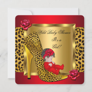 Invitación Ducha de Bebé Niña Rosas Rojas Doradas Leopardo Sa