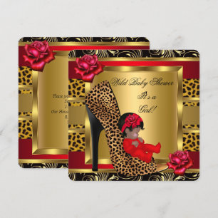Invitación Ducha de Bebé Niña Rosas Rojas Doradas Leopardo Sa
