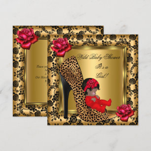 Invitación Ducha de Bebé Niña Rosas Rojas Doradas Leopardo Sa