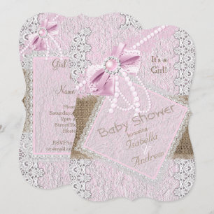 Invitación Ducha de bebé niña rústica lazo rosa perla encaje 