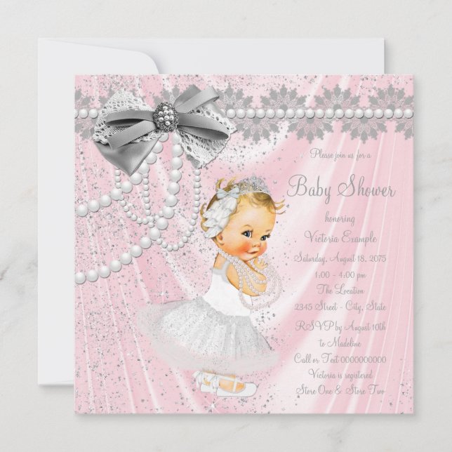 Invitación Ducha de Bebé Niña Seda Rosa Perla (Anverso)