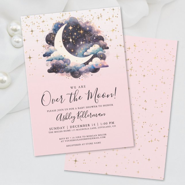 Invitación Ducha de Bebé: Niña Sobre La Luna (Girl Over The Moon Baby Shower Invitation)