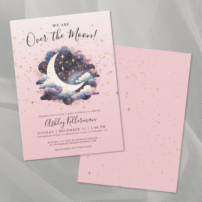Invitación Ducha de Bebé: Niña Sobre La Luna (Girl Over The Moon Baby Shower Invitation)