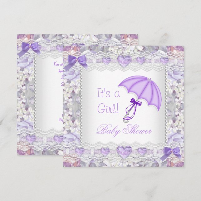 Invitación Ducha de Bebé Niña Sombrilla Floral Lavanda (Anverso / Reverso)