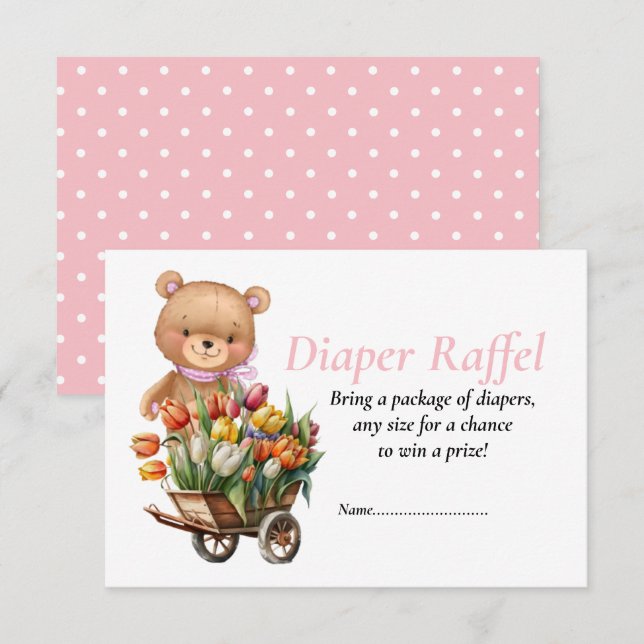 Invitación Ducha de bebé niña Teddy Floral Diaper Raffel   (Anverso / Reverso)