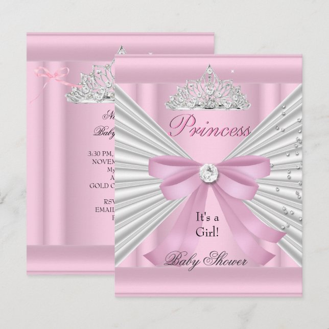 Invitación Ducha de Bebé Niña Tiara Princesa Rosa Blanca (Anverso / Reverso)