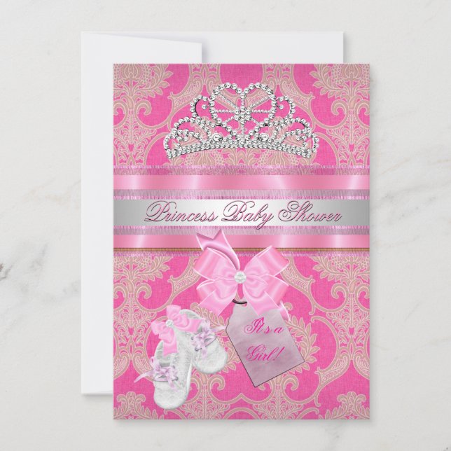 Invitación Ducha de Bebé Niña Tiara Princesa Rosa Blanca Boti (Anverso)