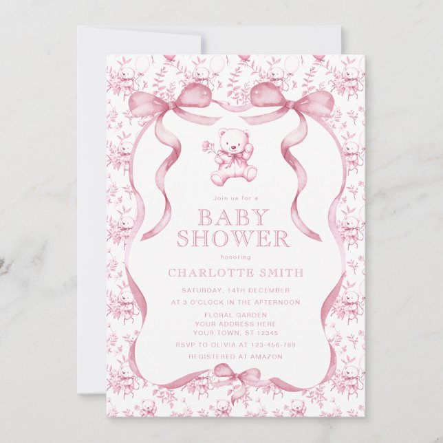 Invitación Ducha de bebé niña Toile Bear Rosa  (Anverso)