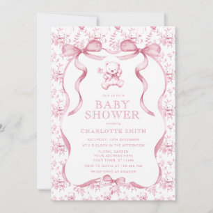 Invitación Ducha de bebé niña Toile Bear Rosa