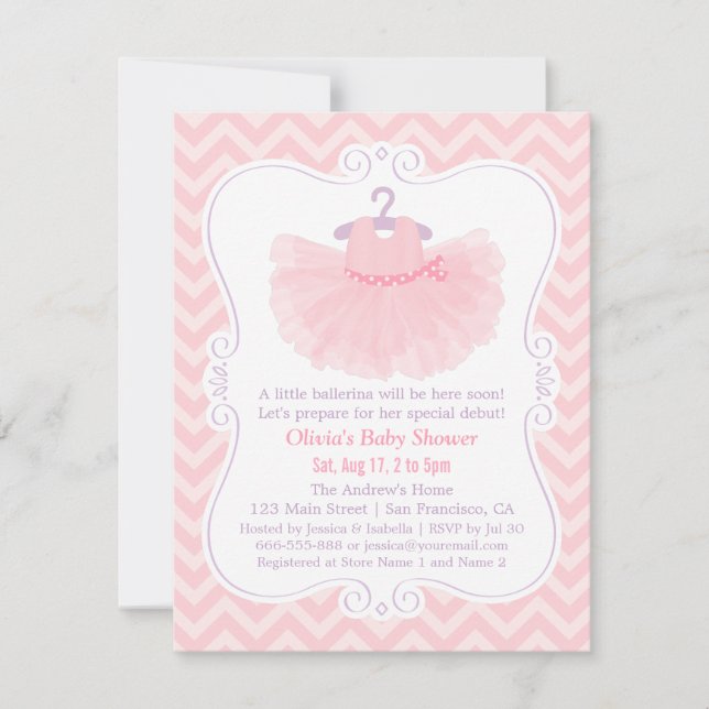 Invitación Ducha de Bebé Niña Tutú Bailarina Chevron Rosa (Anverso)