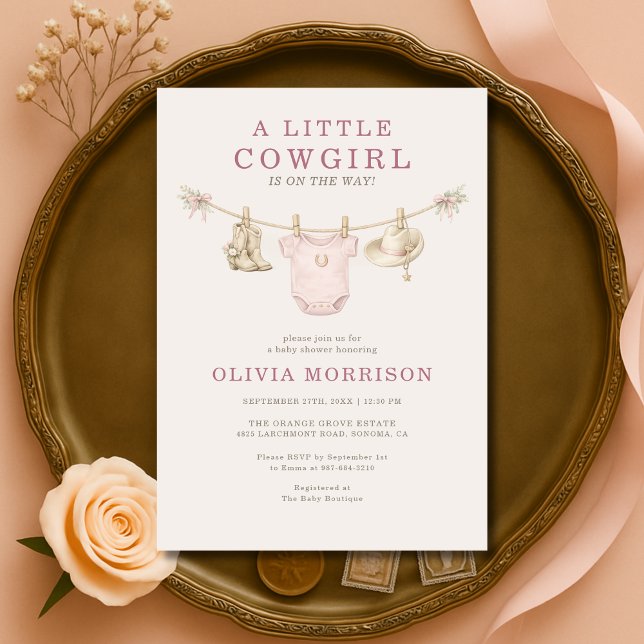 Invitación Ducha de bebé niña vaquera con ropa rosa (Subido por el creador)