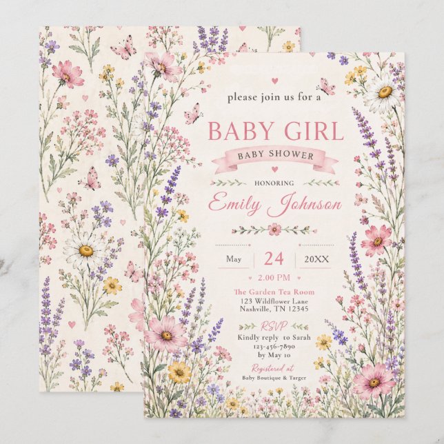 Invitación Ducha de bebé niña Wildflower (Anverso / Reverso)