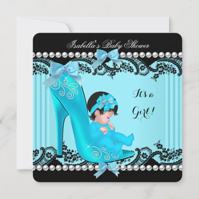 Invitación Ducha de bebé niña zapato azul turquesa (Anverso)