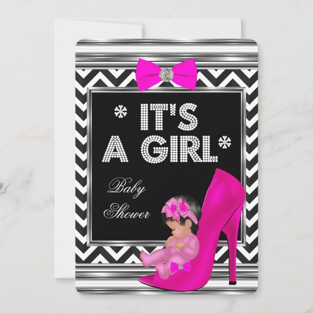 Invitación Ducha de Bebé Niña Zapato de Bebé Rosa Chevron (Anverso)