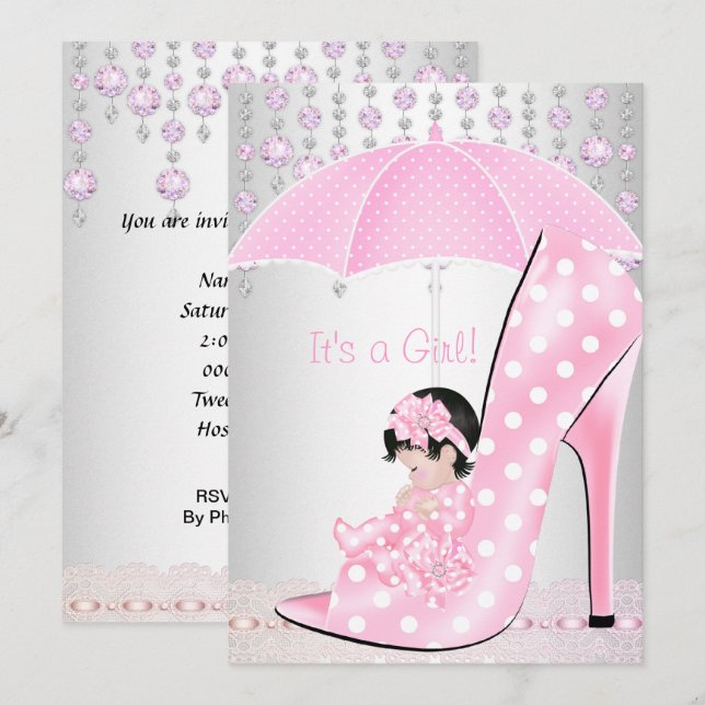 Invitación Ducha de Bebé Niña Zapato de Bebé Rosa Diamante 2 (Anverso / Reverso)