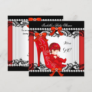 Invitación Ducha de Bebé Niña Zapato de Tacón Alto Rojo Pelir