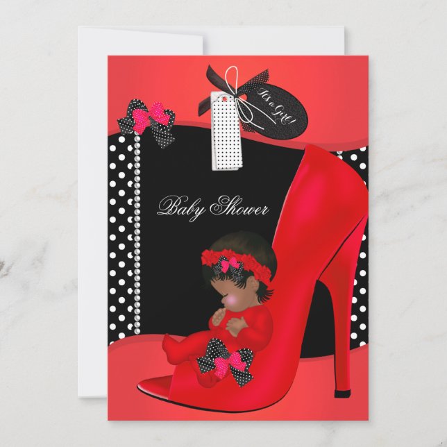 Invitación Ducha de Bebé Niña Zapato Rojo de Bebé Lunares 2B (Anverso)