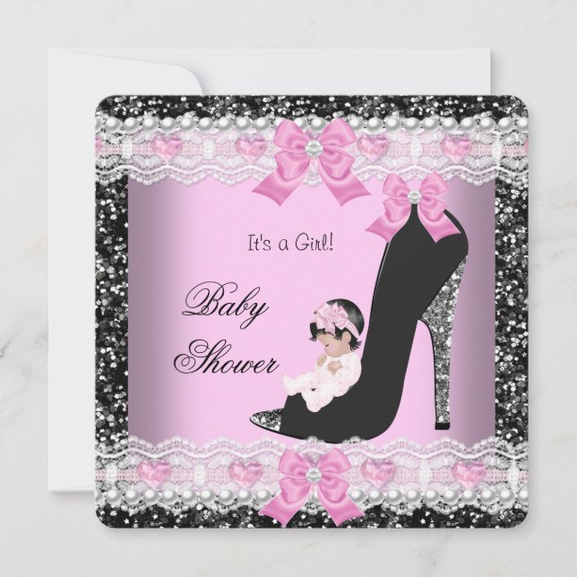Invitación Ducha de Bebé Niña Zapatos de Corazón de Encaje Ro (Anverso)